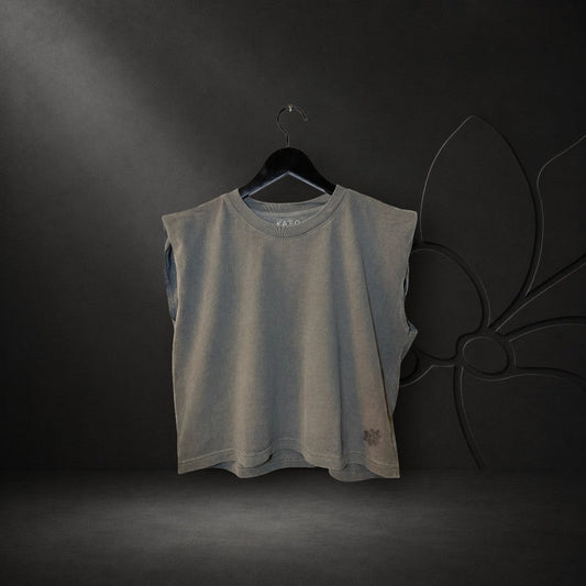 KA'EO Apparel women's faded black crew neck muscle tank top with padded shoulders and small sampaguita logo detail.