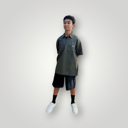 KA'EO Apparel olive drab short-sleeve work shirt with quarter-zip and embroidered logos on chest pockets.