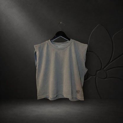 KA'EO Apparel women's faded black crew neck muscle tank top with padded shoulders and small sampaguita logo detail.