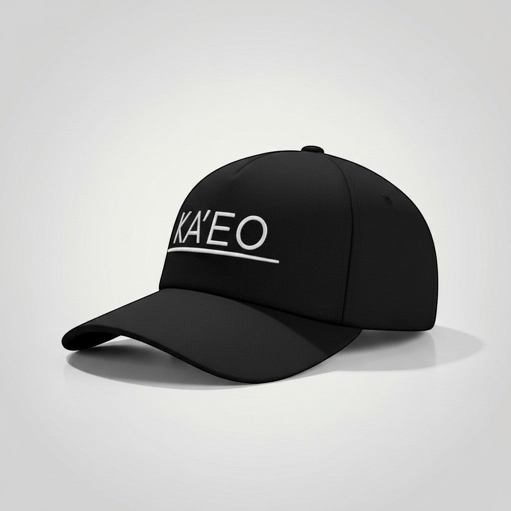 KA'EO Apparel black cotton snapback cap with white embroidered logo and structured brim.