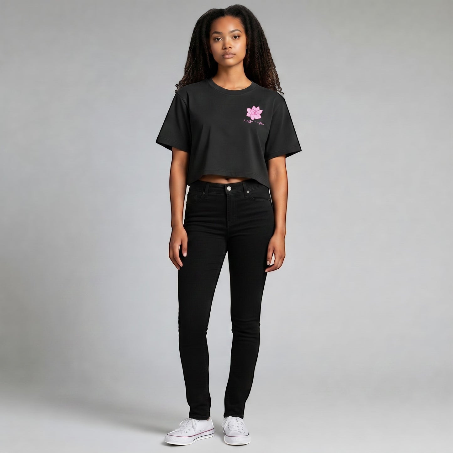 KA'EO Apparel black cropped t-shirt with pink Sampaguita graphic and script text on chest, made of cotton.