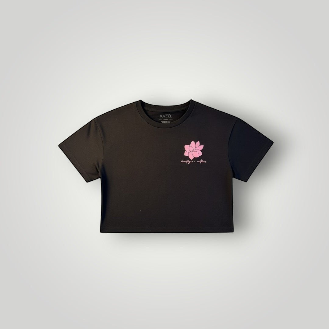 KA'EO Apparel black cropped t-shirt with pink Sampaguita graphic and "heritage + culture" text.