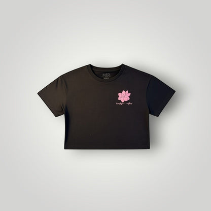 KA'EO Apparel black cropped t-shirt with pink Sampaguita graphic and "heritage + culture" text.