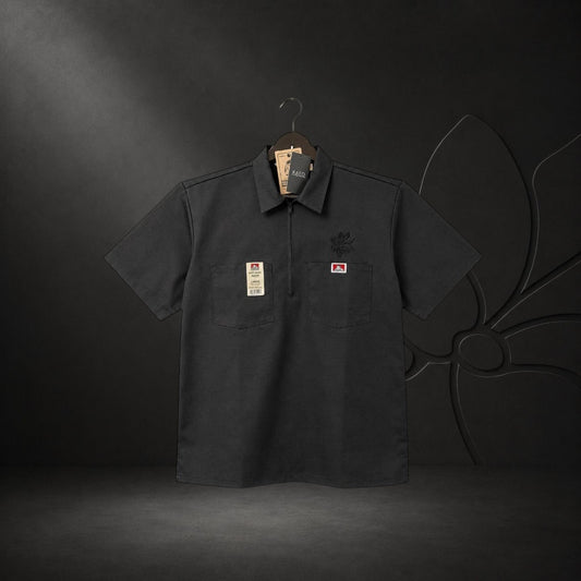 KA'EO Apparel black poly-cotton twill short sleeve work shirt with quarter-zip and two chest pockets.