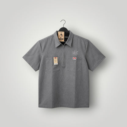 KA'EO Apparel x Ben Davis charcoal heather short sleeve work shirt with quarter-zip and two chest pockets.