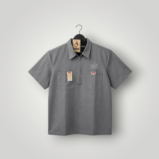KA'EO Apparel x Ben Davis charcoal heather short sleeve work shirt with quarter-zip and two chest pockets.
