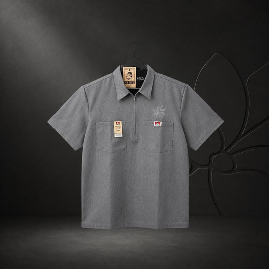 KA'EO Apparel x Ben Davis charcoal heather short sleeve work shirt with quarter-zip and two chest pockets.