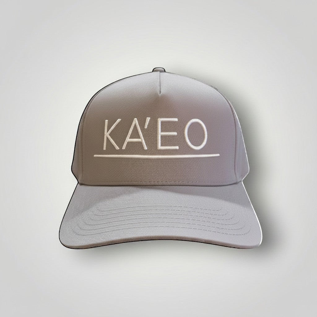 KA'EO Apparel gray embroidered snapback baseball cap with minimalist logo design.