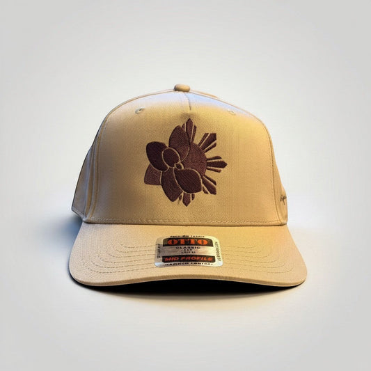 KA'EO Apparel Khaki Embroidered Sampa-Sol Snapback cap with brown embroidery and adjustable snapback closure.