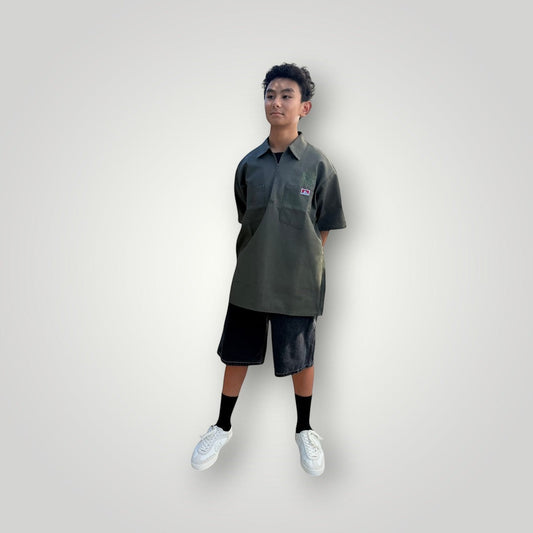 KA'EO Apparel olive drab short-sleeve work shirt with quarter-zip and embroidered logos on chest pockets.