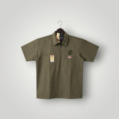KA'EO Apparel olive drab short-sleeve work shirt with quarter-zip, two chest pockets, and embroidered logos.