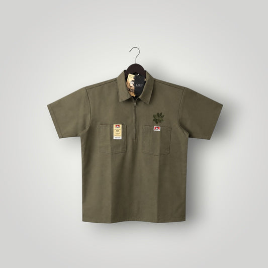 KA'EO Apparel olive drab short-sleeve work shirt with quarter-zip, two chest pockets, and embroidered logos.