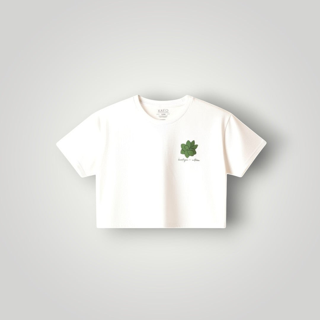 KA'EO Apparel white cropped t-shirt with olive green sampaguita graphic and script text. Cotton.