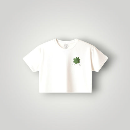 KA'EO Apparel white cropped t-shirt with olive green sampaguita graphic and script text. Cotton.