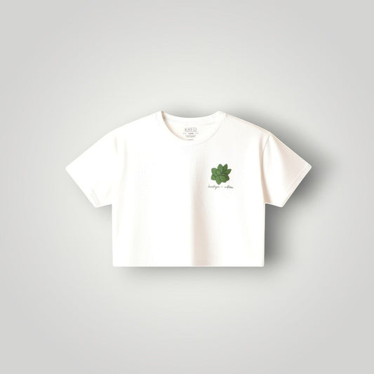 KA'EO Apparel white cropped t-shirt with olive green sampaguita graphic and script text. Cotton.